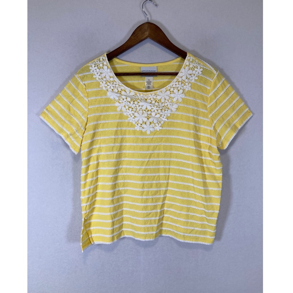 Cottagecore Alfred Dunner Womens PXL Yellow White Striped Lace Crochet Top